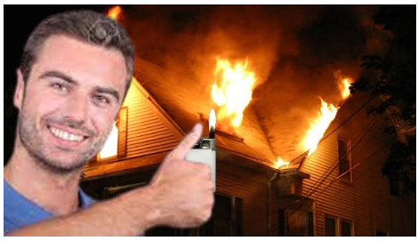 Image of man in front of a burning house, smiling and holding a lighter