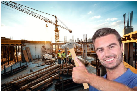 Image of man standing in front of a construction site, smiling and holding a hammer